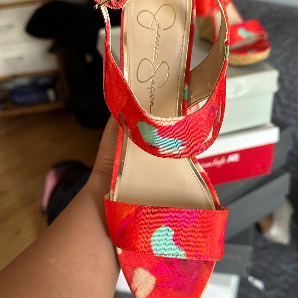 Jessica Simpson Vibrant Red Floral Wedges - image 2
